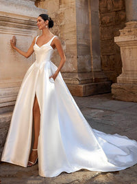 Satin Wedding Dresses Pearls Corset Spaghetti Straps High Slit Bridal Gown Ms2602075