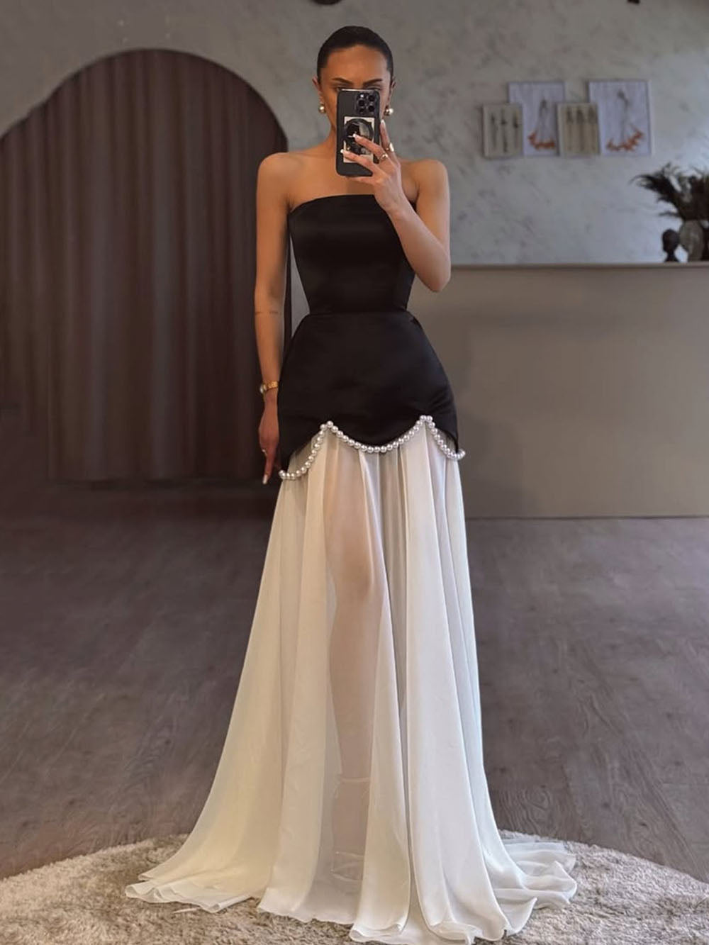 Strapless Satin Evening Dress Pearl Chiffon Skirt Formal Prom Gown Ms2601121