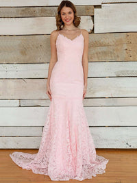 Pink Mermaid Prom Dress Spaghetti Strap Lace Appliques Formal Evening Gown Ms26060872
