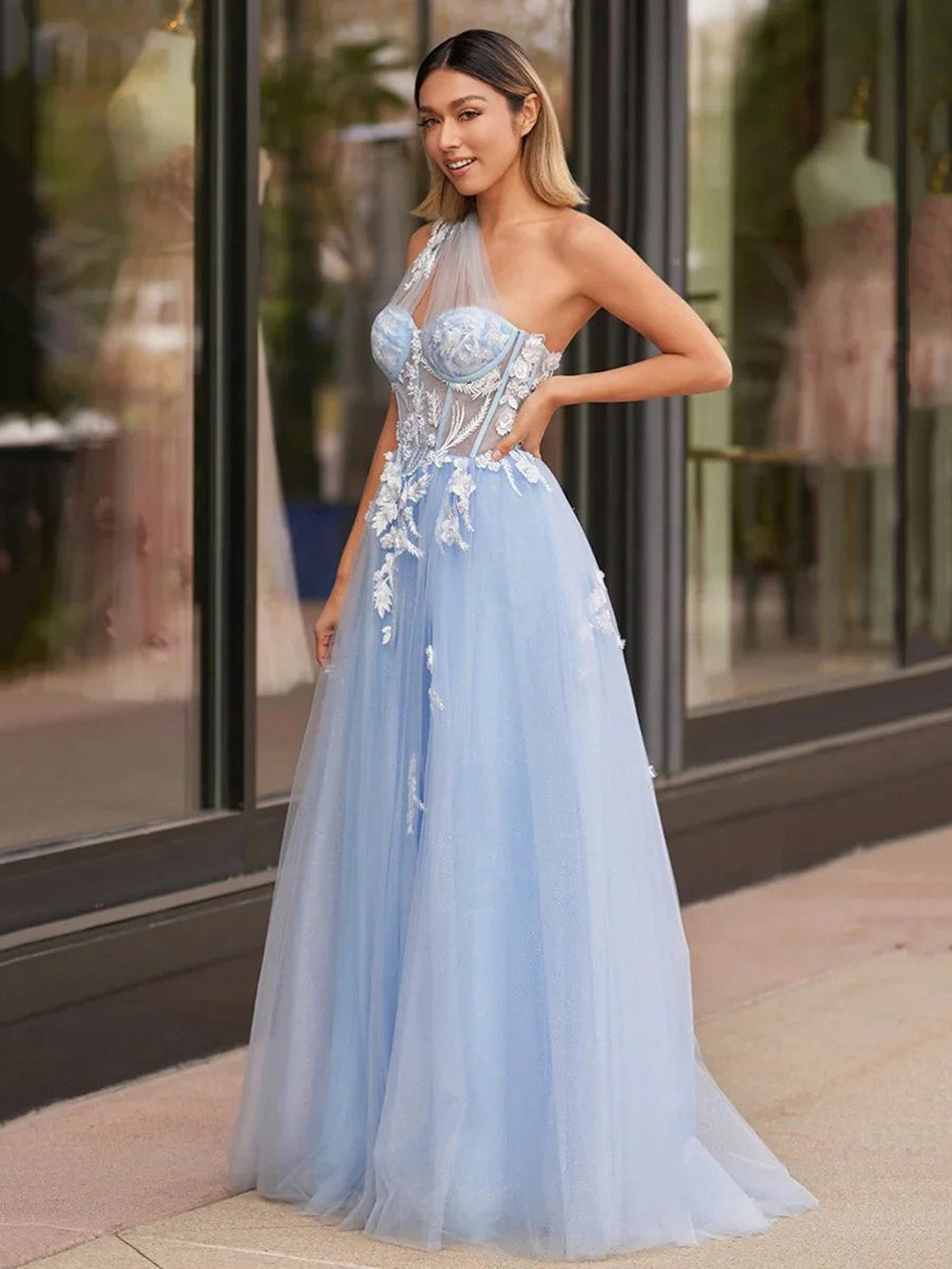 One Shoulder Lace Prom Dress A Line Tulle Corset High Slit Appliqué Evening Dress Ms260402101