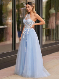 One Shoulder Lace Prom Dress A Line Tulle Corset High Slit Appliqué Evening Dress Ms260402101