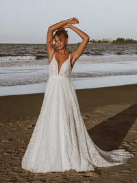 3D Lace Appliqué Bridal Dress Deep V Neck sexy A-Line Wedding Gown Beach Bride Dress Ms205106