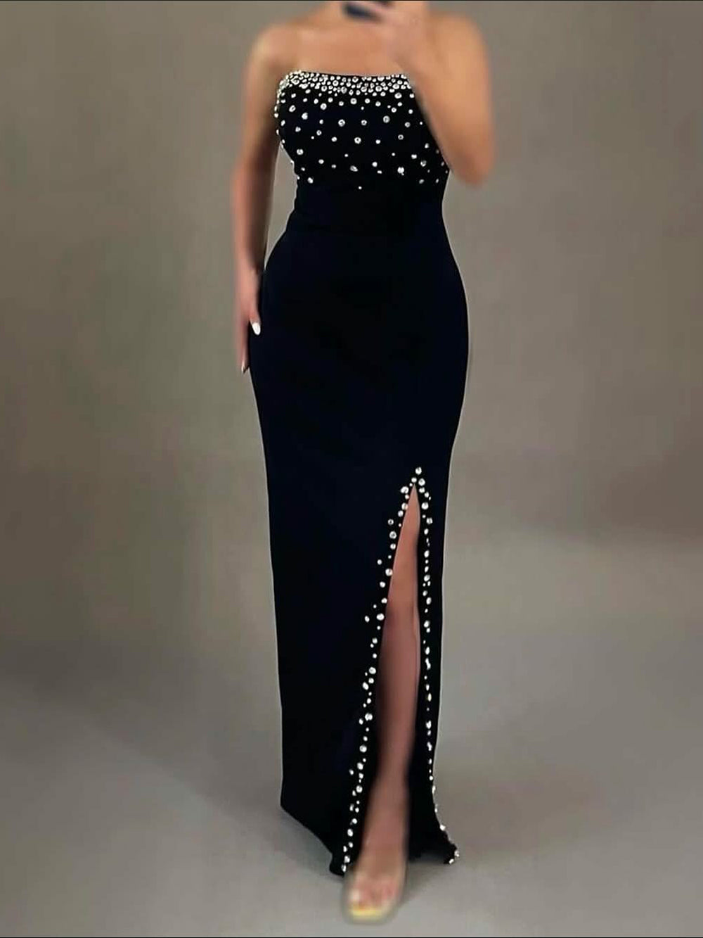 Beads Pearl Slit Prom Dress Strapless Bodycon Formal Dress Evening Party Gown Ms2505041