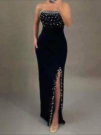Beads Pearl Slit Prom Dress Strapless Bodycon Formal Dress Evening Party Gown Ms2505041