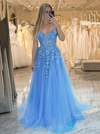 Blue Prom Dress Glitter Tulle A-Line Evening Dresses with Lace Appliques Ms251032