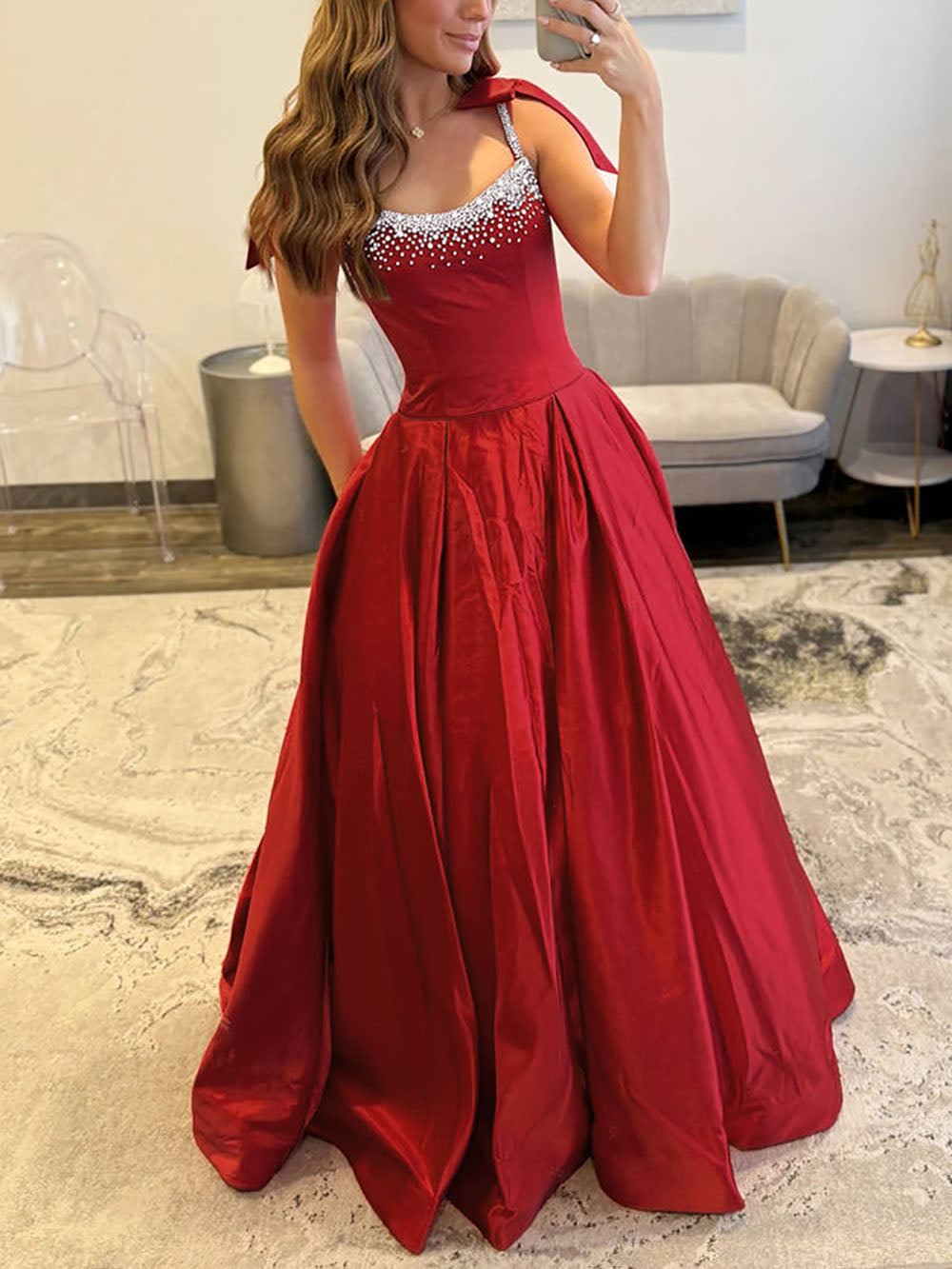 Beaded Bow Strap Evening Gown A Line Prom Dress Gala Gown Special Events Ms2601135