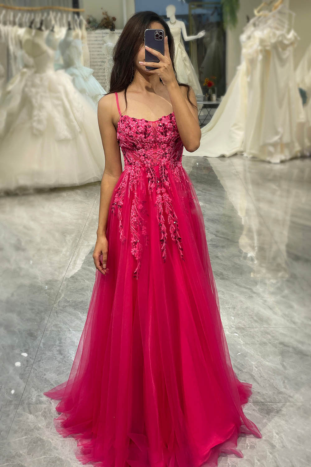 Tulle Prom Dress Floral Embroidered Spaghetti Strap A-Line Prom Dress Ms251065