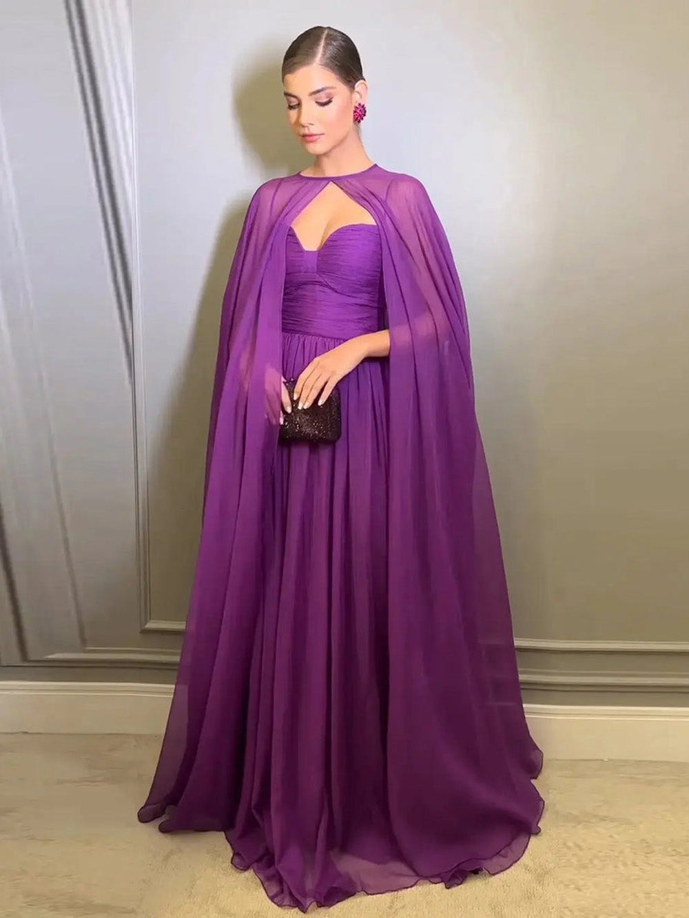 Purple Chiffon Cape Evening Dress Sweetheart Pleated A Line Prom Dress with Cape Ms2607201