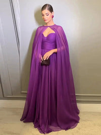 Purple Chiffon Cape Evening Dress Sweetheart Pleated A Line Prom Dress with Cape Ms2607201