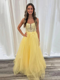 Yellow Tulle Prom Dress Lace Corset Evening Party Dress Ms2601082
