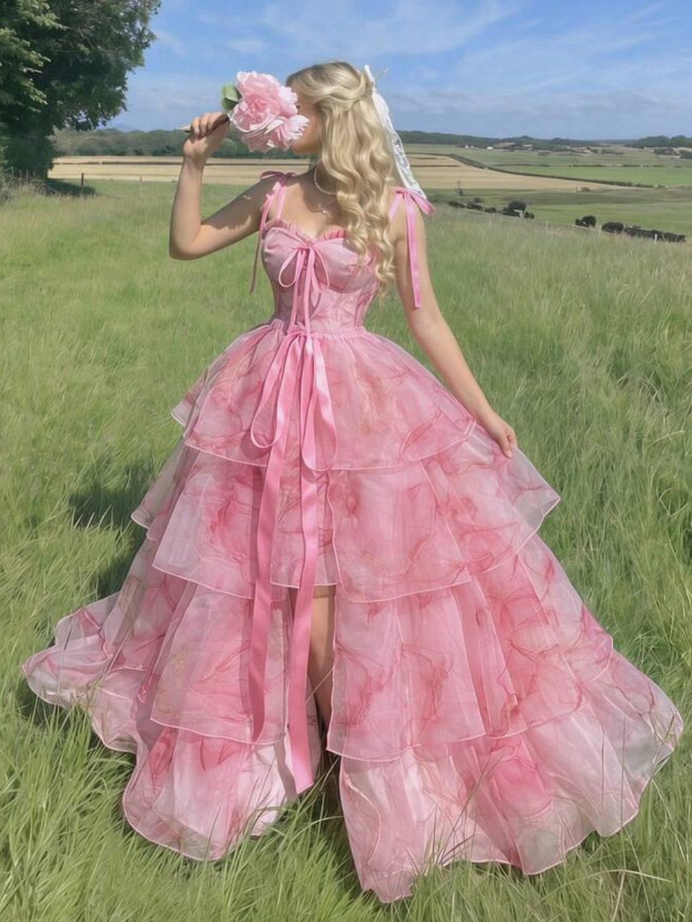 Pink Floral Print Quinceanera Dress Spaghetti Strap Tiered Ball Gown Corset Princess Prom Dress Ms2607163