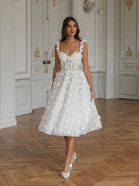 3D Floral Tea Length Bridal Dress Romantic Corset Wedding Party Gown Midi Tulle Bride Dress Ms250103