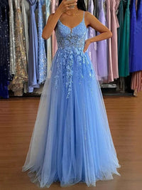 Lace Appliques Prom Dress Spaghetti Strap A Line Sparkly Tulle Evening Dress Ms2603264
