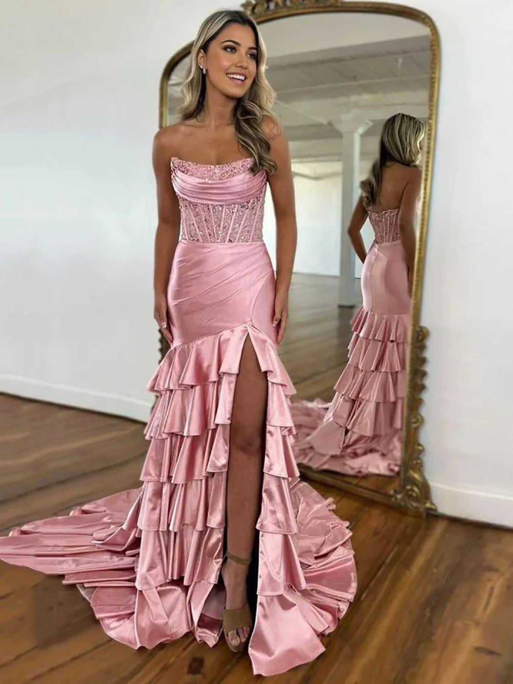 Pink Satin Corset Prom Dress Sequins High Slit Ruffles Formal Party Dr –  Msikoods Official Store