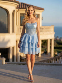 Layered Chiffon Ruffles Homecoming Dress Beaded Corset Short Prom Dress Ms2610212
