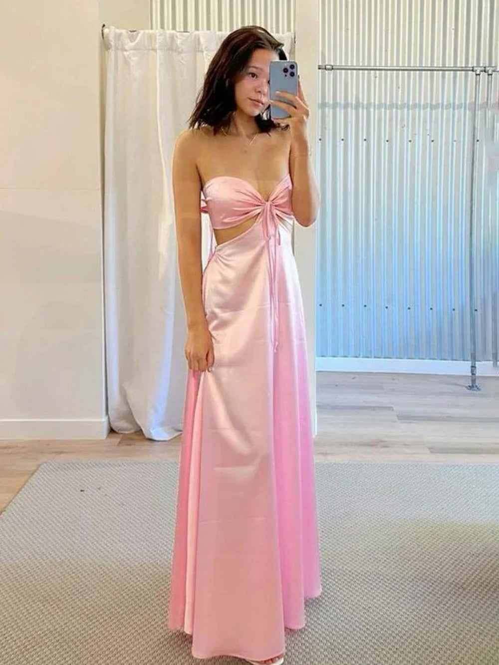 Pink Satin Cut Out Prom Dress Strapless Bow Evening Gown Backless A Line Formal Dres Ms2606126
