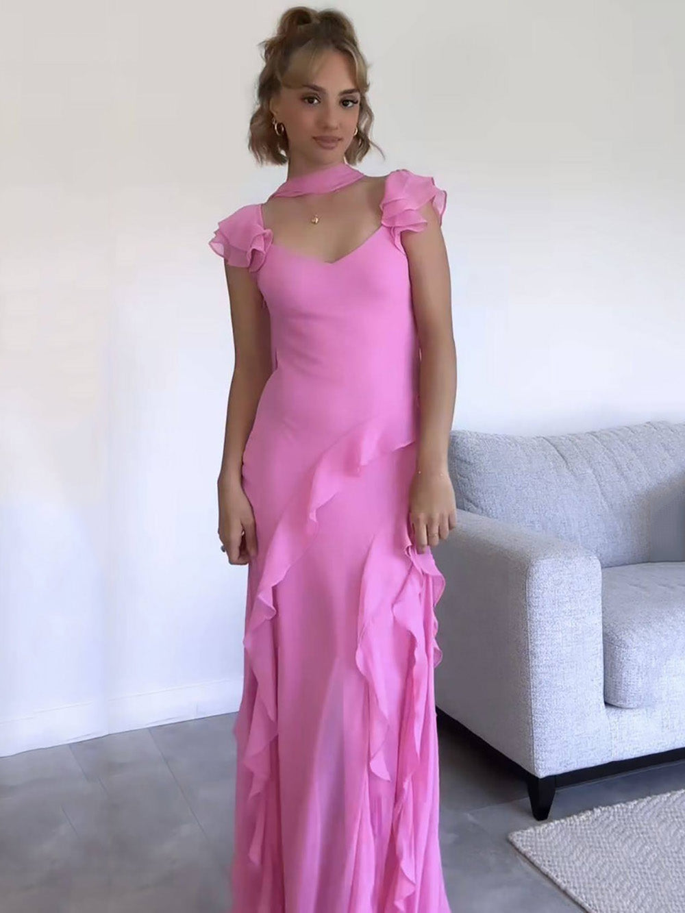 Hot Pink Prom Dress Cap Sleeves Ruffles Chiffon Sheath Evening Dress Ms2604073
