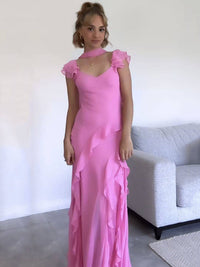 Hot Pink Prom Dress Cap Sleeves Ruffles Chiffon Sheath Evening Dress Ms2604073