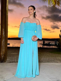 Off Shoulder Prom Dress Long Sleeve High Slit A Line Evening Gown Formal Occasion Dress Ms2607205