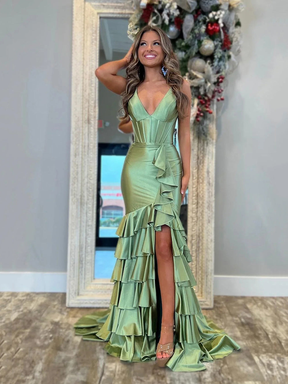 Satin Mermaid Prom Dress V Neck Corset Evening Dress High Slit Tiered Party Dress Ms2606235