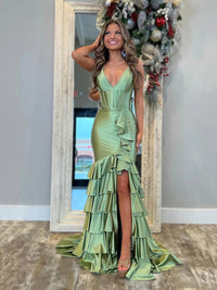 Satin Mermaid Prom Dress V Neck Corset Evening Dress High Slit Tiered Party Dress Ms2606235