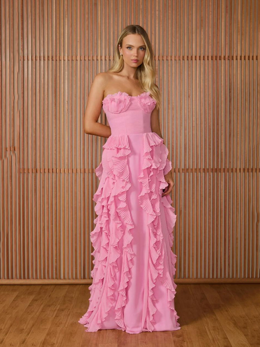 Pink Strapless Evening Dresses Pleated Ruffle Formal Occasion Dress Prom Gown Ms2607031