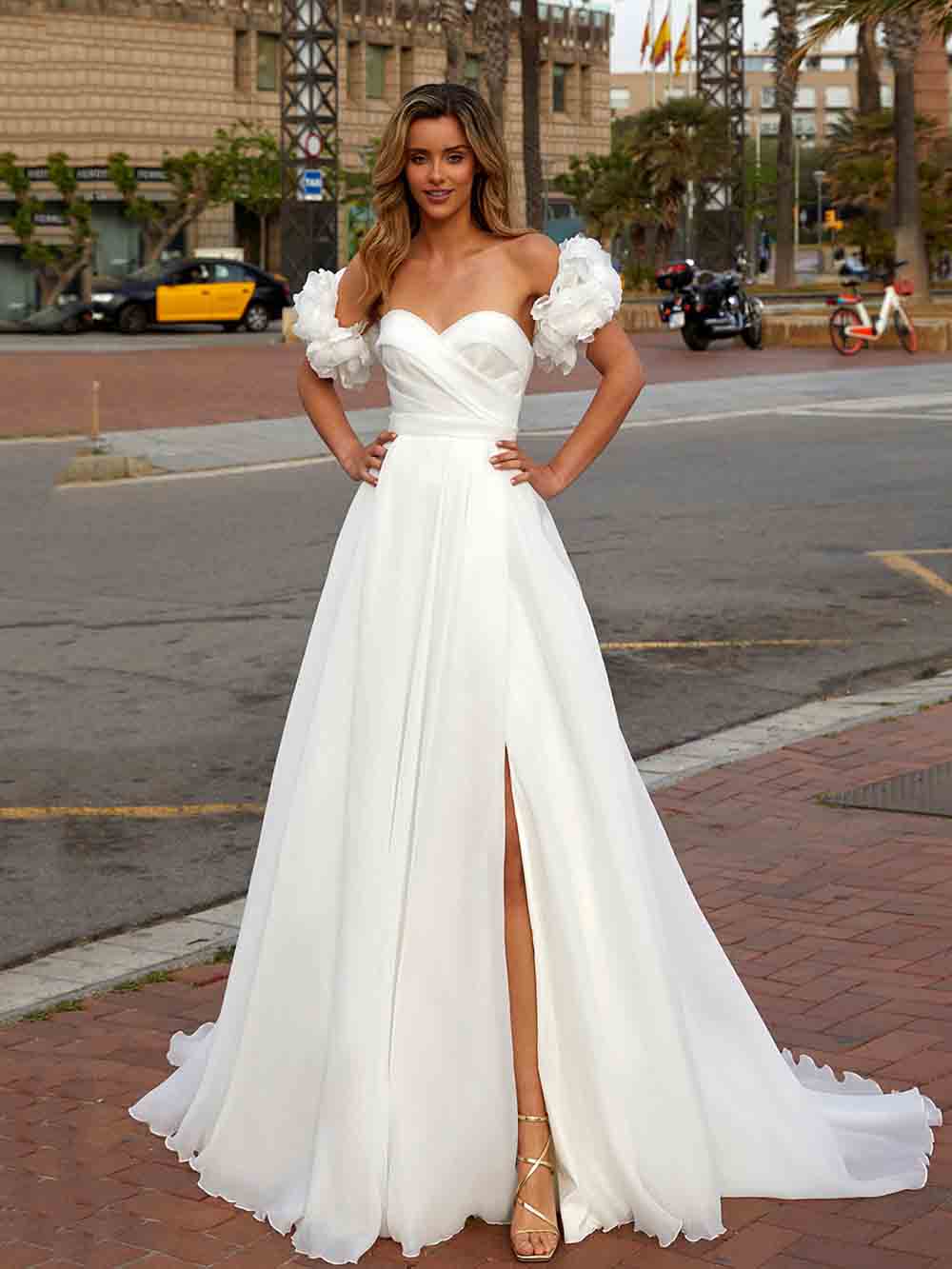 Floral Sleeve Wedding Dresses Organza Sweethearts Bridal Dress With Slit Ms2603017