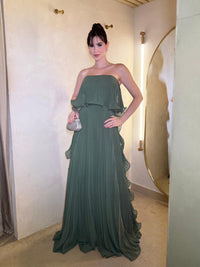 Sage Green Chiffon Prom Dress Strapless Pleated Overlay A Line Evening Dress Ms2606242