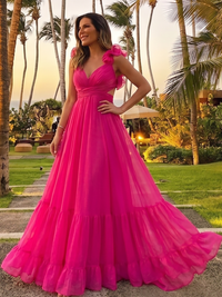 Hot Pin Prom Dress V Neck Ruffle Shoulder Backless A Line Evening Gown Birthday Dress Ms2607204