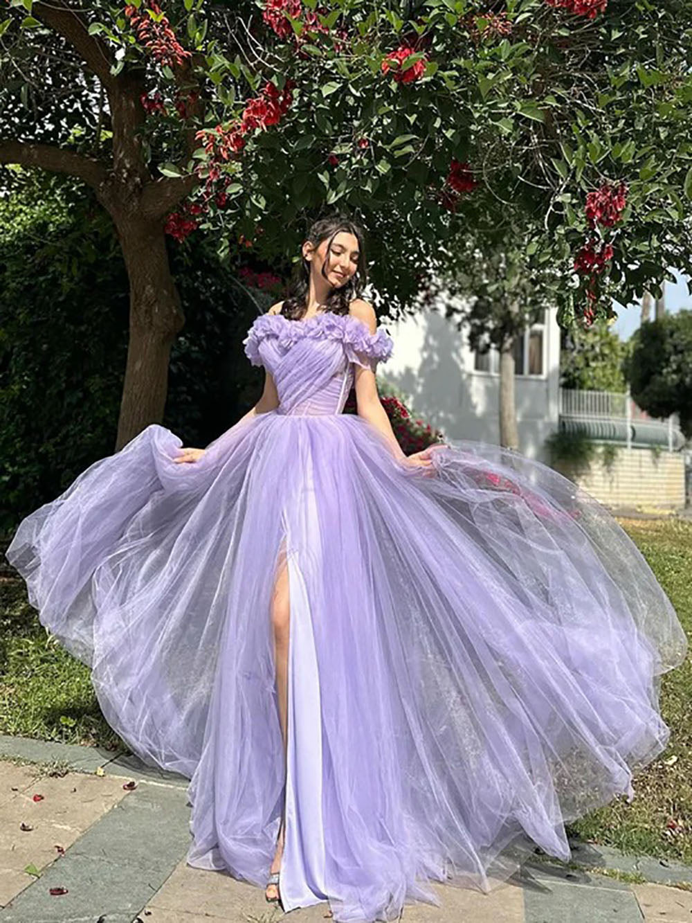 Off Shoulder Pleated Prom Dress with Floral High Slit Party Dress Ms2508283