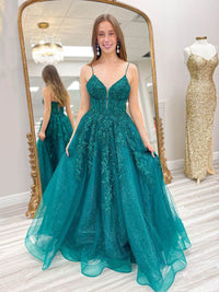 A-Line Prom Dress Lace Appliques Spaghetti Strap Sparkly Evening Dress Ms2509214