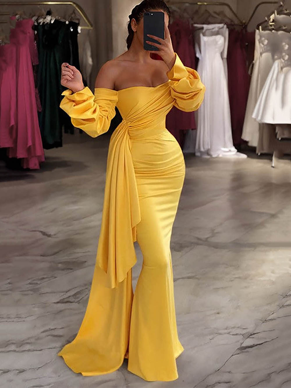 Off Shoulder Ruched Long Sleeve Evening Dress Bodycon Prom Dress Ms2512131