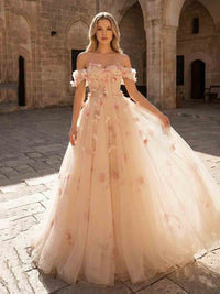 3D Floral Ball Gown Prom Dress Off Shoulder Tulle Lace Princess Formal Gown Ms2602261