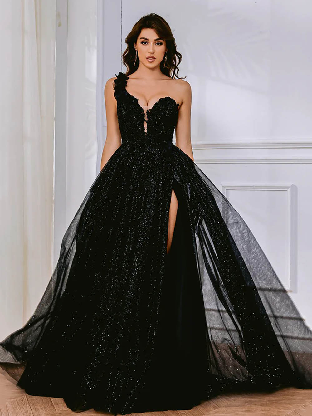 Glitter One-Shoulder Prom Dress with High Slit Formal Dress Ms2602053