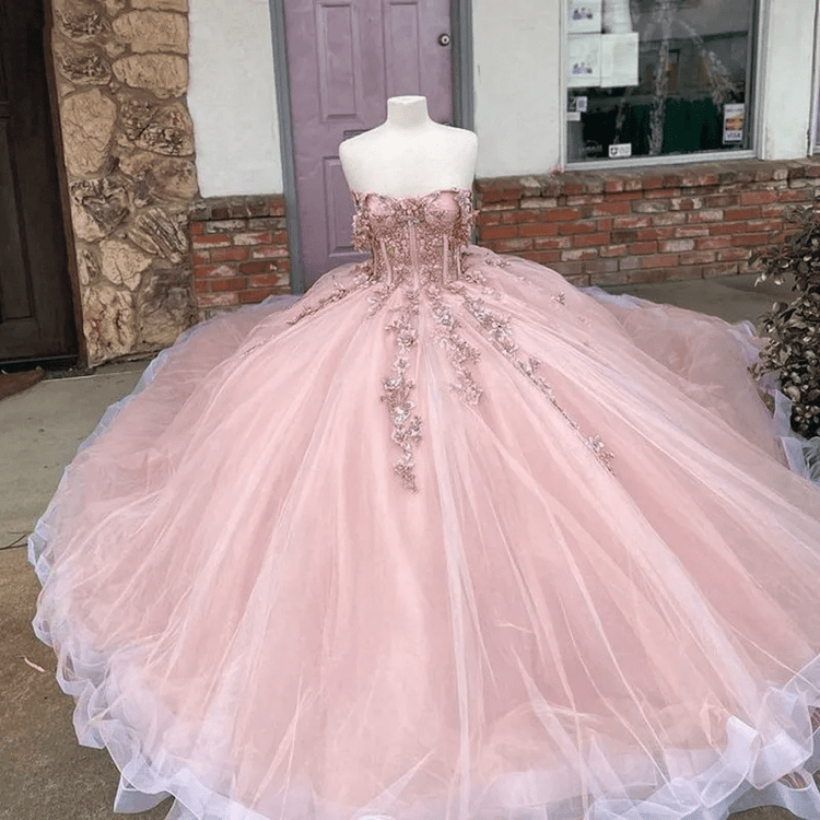Pink Quinceanera Dress Off Shoulder Corset 3D Flower Lace Appliques Glitter Sweet 16 Gown Ms2605113