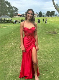 Red Satin Corset Evening Party Dress High Slit Long Prom Dress Formal Events Ms2507072