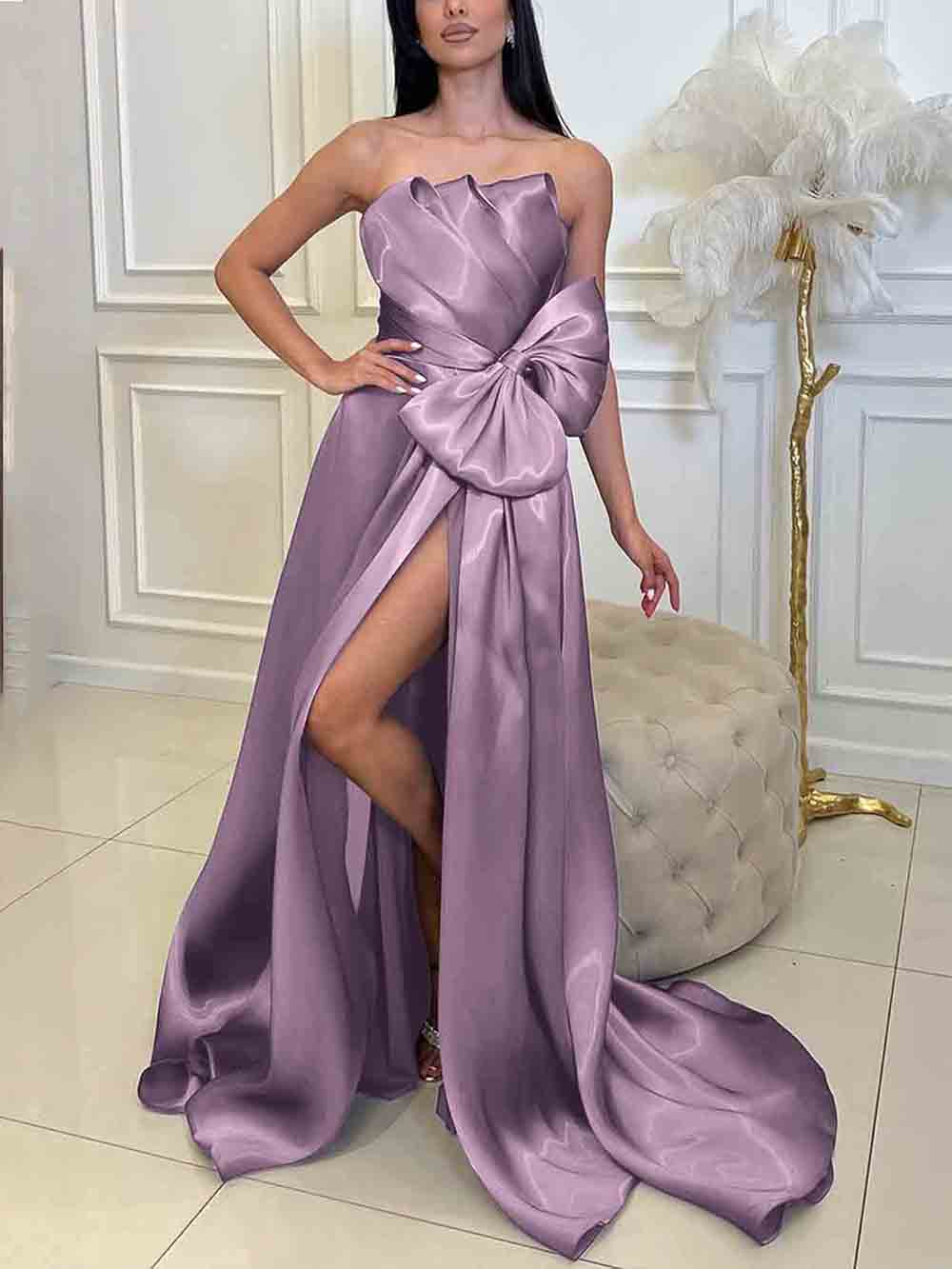Lavender Strapless Satin Evening Dress Bow Sexy High Slit Prom Dress Ms2601293