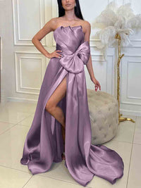 Lavender Strapless Satin Evening Dress Bow Sexy High Slit Prom Dress Ms2601293