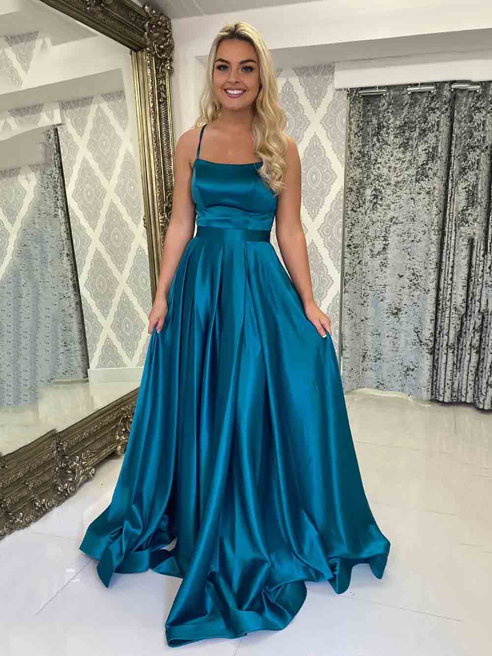 Teal Satin Evening Gown A Line Simple Prom Dresses Ms2601309