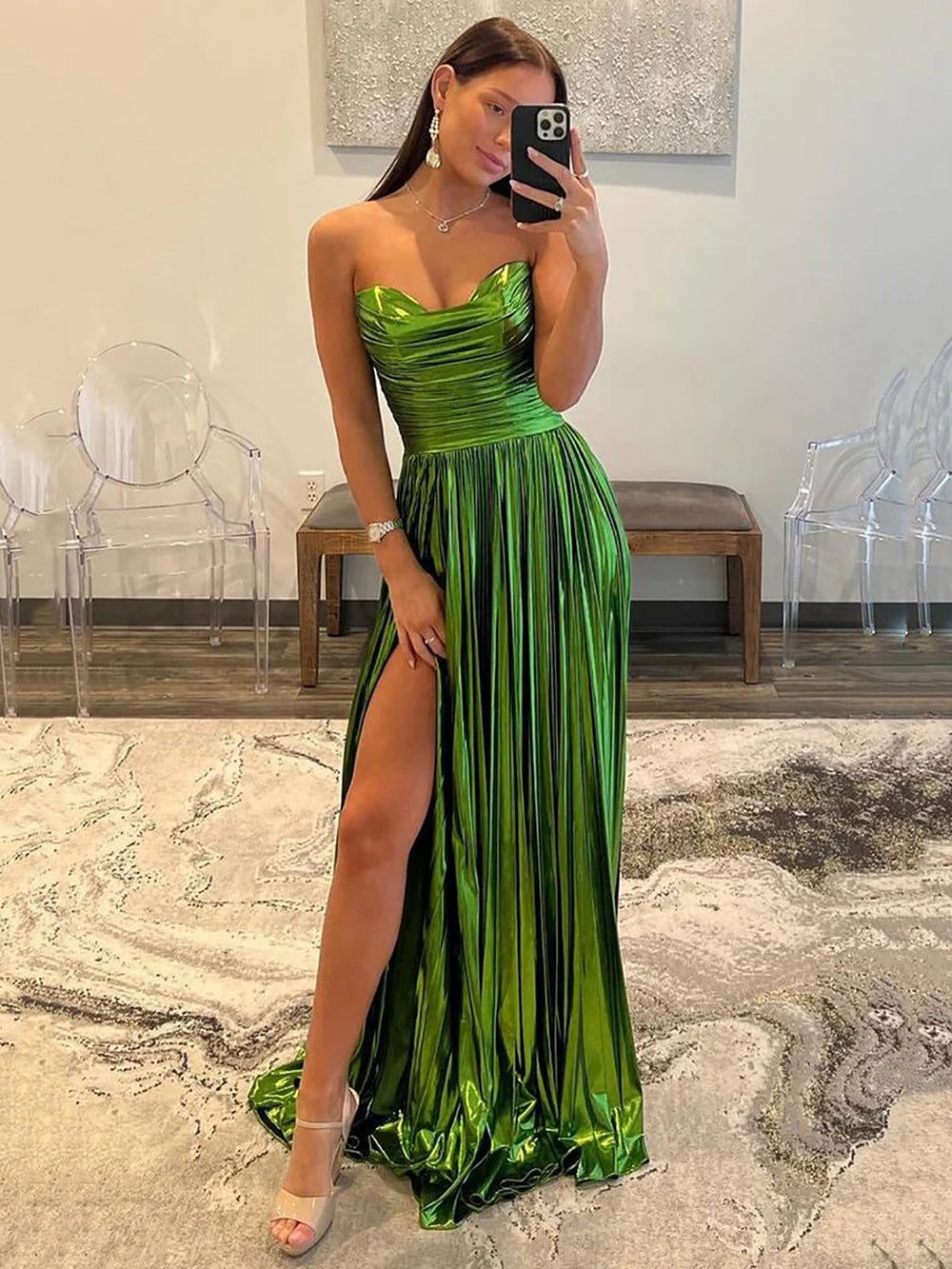 Metallic Prom Dress Strapless High Slit Pleated Formal Evening Gown Party Dress Ms2606154