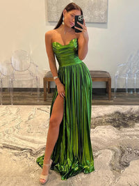 Metallic Prom Dress Strapless High Slit Pleated Formal Evening Gown Party Dress Ms2606154