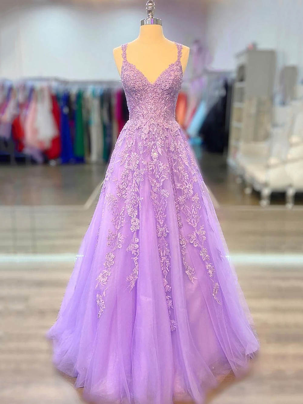 Lace Appliques Tulle Prom Dress A-Line Spaghetti Strap Party Gown Ms2509264