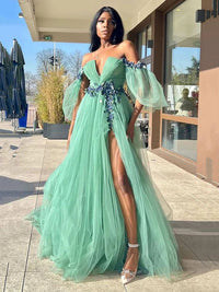Off Shoulder Prom Dresses 3D Flower Appliqué High Slit Evening Dress Ms2509191