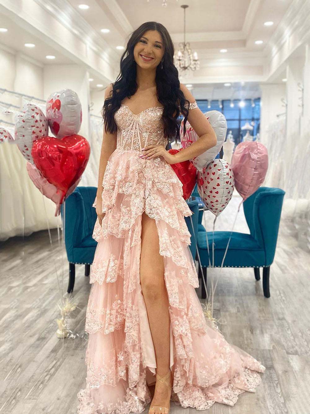 Layered Lace Appliques Prom Dress Off Shoulder Corset Evening Dress Ms –  Msikoods Official Store