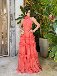 Halter Neck Prom Dress 3D Floral Ruffle Pleated Chiffon Evening Dress Wedding Guest Dress Ms2607014
