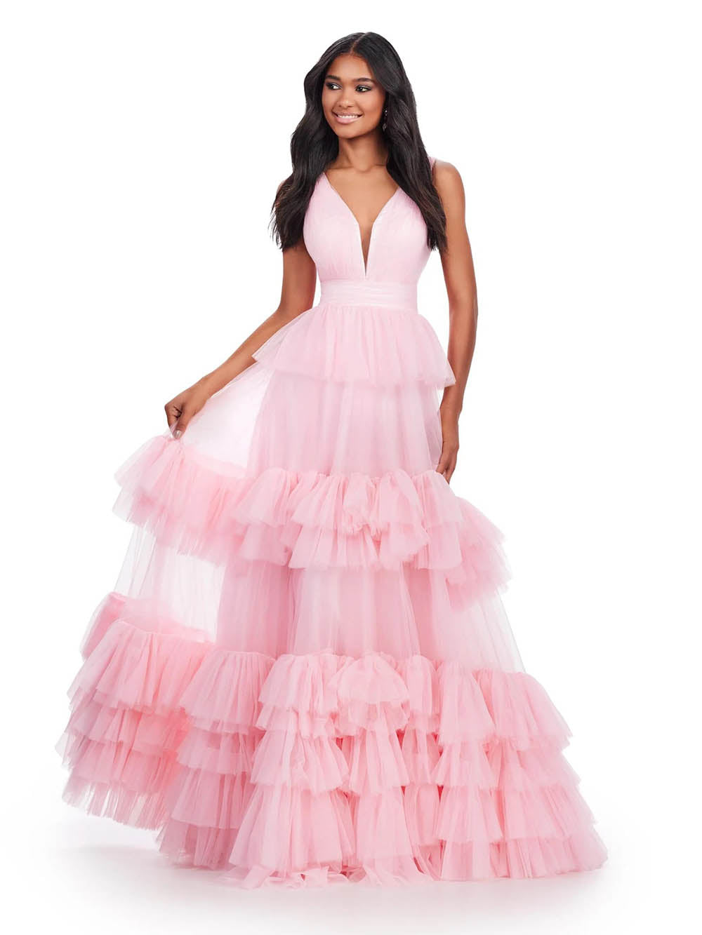 Tiered Tulle Ruffle Evening Gown V-Neck A-Line Prom Dresses Ms2602042