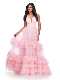 Tiered Tulle Ruffle Evening Gown V-Neck A-Line Prom Dresses Ms2602042