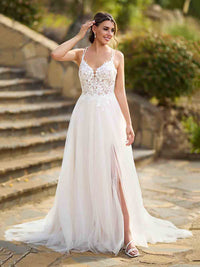 Lace Wedding Dresses V Neck Spaghetti Strap A Line Bridal Gown With Slit Ms2603067