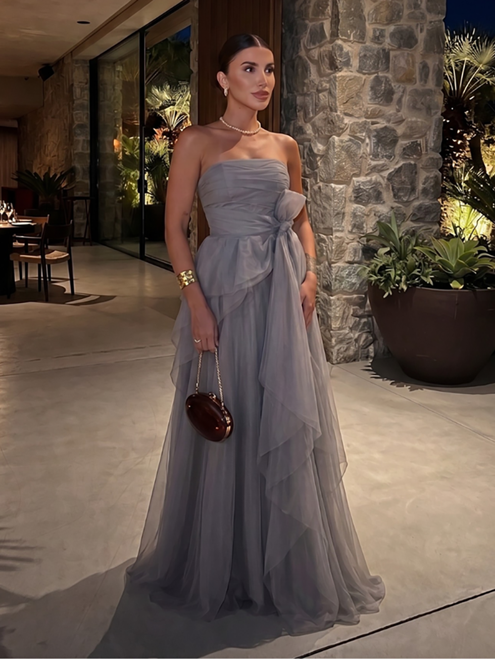 Grey Strapless Tulle Prom Dress Layered A Line Formal  Evening Gown Party Dress Ms2607202