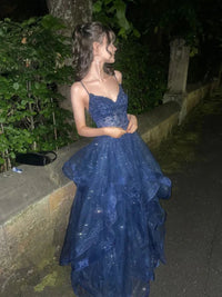 Sparkly Prom Dress Spaghetti Straps Lace Appliques Corset Tiered Tulle Evening Dresses Ms2607302